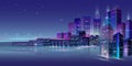 Night city panorama with neon glow on blue background. Vector. Royalty Free Stock Photo