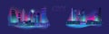 Night city panorama with neon glow on blue background. Vector set. Royalty Free Stock Photo