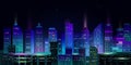 Night city panorama with neon glow on dark background. Vector. Royalty Free Stock Photo