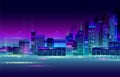 Night city panorama with neon glow on dark background. Vector. Royalty Free Stock Photo