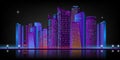 Night city panorama with neon glow on dark background. Futuristic cityscape with glowing neon purple and blue lights