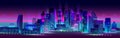 Night city panorama with neon glow on dark background. Vector. Royalty Free Stock Photo