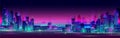 Night city panorama with neon glow on dark background. Vector. Royalty Free Stock Photo