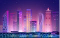 Night city panorama with neon glow on purple background. Vector. Royalty Free Stock Photo