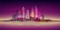 Night city panorama with neon glow on purple background. Vector. Royalty Free Stock Photo