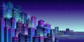 Night city panorama with neon glow. Vector illustration. Royalty Free Stock Photo