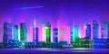 Night city panorama with neon glow. Vector illustration. Royalty Free Stock Photo