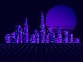 Night city panorama with skyscrapers retro futuristic style 80s. Synthwave and retrowave style. Vector illustration Royalty Free Stock Photo