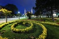 Night city park and Blue Mosque Royalty Free Stock Photo