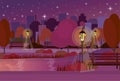 Night city park wooden bench street lamp river lawn trees on city buildings template background flat Royalty Free Stock Photo