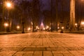 Night city park. Wooden benches, street lights and alley Royalty Free Stock Photo
