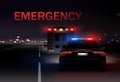 Night city with police and ambulance cars with sirens on the road. Vector realistic illustration