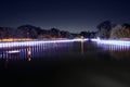 Night city pond in a park with lights and dark sky. long exposure. Royalty Free Stock Photo