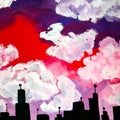 Night city, purple and red sky, gouache