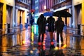 Night city rain,  building windows carrs traffic light pedestrian with umbrellas walk urban life style Royalty Free Stock Photo