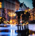 Night city rain,  building windows carrs traffic light pedestrian with umbrellas walk urban life style Royalty Free Stock Photo