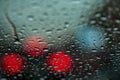 Night city in rain, urban life and street lights, dense traffic. Water drops on the glass. Abstract background of urban Royalty Free Stock Photo