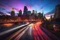 Night city reflected in river, illuminated skyscrapers., generative IA