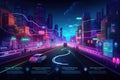 Night city with road, cars and glowing lights, vector illustration, Illustrate a neon-colored roadmap and street against a dark