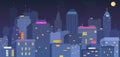 Night city roof view. City buildings neon lights nighttime, midnight panoramic cityscape from rooftop bar balcony