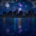 Night city skyline with river and fireworks Royalty Free Stock Photo