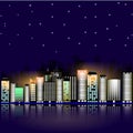 Night city with stars. Night sky in the town. Vector illustration.