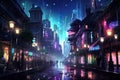 Night city street with neon lights and people silhouettes. 3D rendering, AI Generated Royalty Free Stock Photo