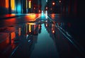 Night city street with wet asphalt and reflections of neon lights. 3d rendering generative ai Royalty Free Stock Photo