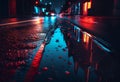 Night city street with wet asphalt and reflections of neon lights. 3d rendering generative ai Royalty Free Stock Photo