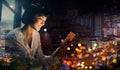 Night, city and tablet of woman by window for global networking, stock market review and data analytics. Bokeh lights