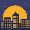 .Night city. Tall buildings in a flat style. The yellow moon and the windows. Background, screensaver, wallpaper, Vector Royalty Free Stock Photo