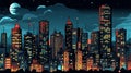 Night city vector illustration. Dark urban cityscape skyscrapers panorama