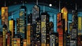 Night city vector illustration. Dark urban cityscape skyscrapers panorama