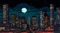 Night city vector illustration. Dark urban cityscape skyscrapers panorama