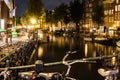 Night city view of Amsterdam bridge and typical dutch houses, Holland, Netherlands.