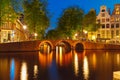 Night city view of Amsterdam canal and bridge Royalty Free Stock Photo