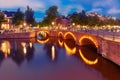 Night city view of Amsterdam canal and bridge