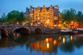 Night city view of Amsterdam canal and bridge Royalty Free Stock Photo