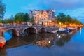 Night city view of Amsterdam canal and bridge Royalty Free Stock Photo