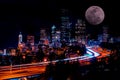 Night city view of Seattle city scape at night time,Long Exposure picture of Downtown Seattle,WA, USA Royalty Free Stock Photo