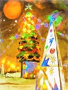 Night city watercolor landscape. New Year tree in the city square. LED garlands. Noon lighting. Fairytale night. Snowflakes are Royalty Free Stock Photo