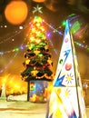 Night city watercolor landscape. New Year tree in the city square. LED garlands. Noon lighting. Fairytale night. Snowflakes are Royalty Free Stock Photo