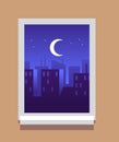 Night city in window frame. Dark sky with building silhouettes from inside flat view