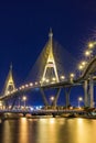 Night cityscape of Bhumibol Bridge, Chao Phraya River, Bangkok, Thailand