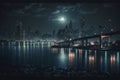 Night cityscape with bridge and skyscrapers over the water.