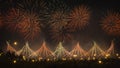 Night cityscape of festive fireworks. Patterns of fireworks in night sky