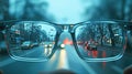 Night cityscape focused in glasses lenses.Generative AI Royalty Free Stock Photo