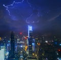 Night cityscape of guangzhou urban skyscrapers at storm with lightning bolts in night purple blue sky, Guangzhou, China