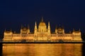 Night cityscape of illuminated Budapest parliament building with golden reflection in Danube river Royalty Free Stock Photo