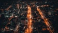 Night cityscape with illuminated skyscrapers, traffic, and high angle view generated by AI Royalty Free Stock Photo